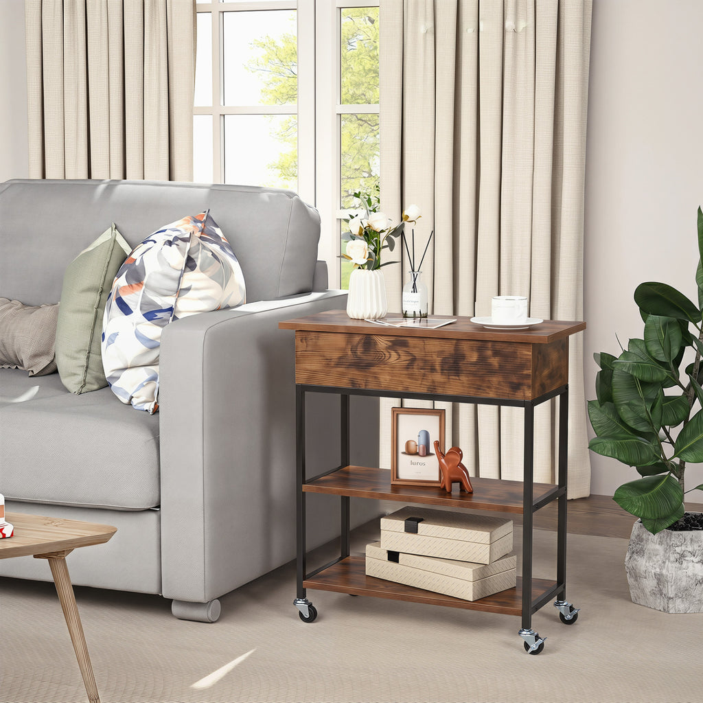 Lift Top End Table with Charging Station and Wheels - Rustic Brown
