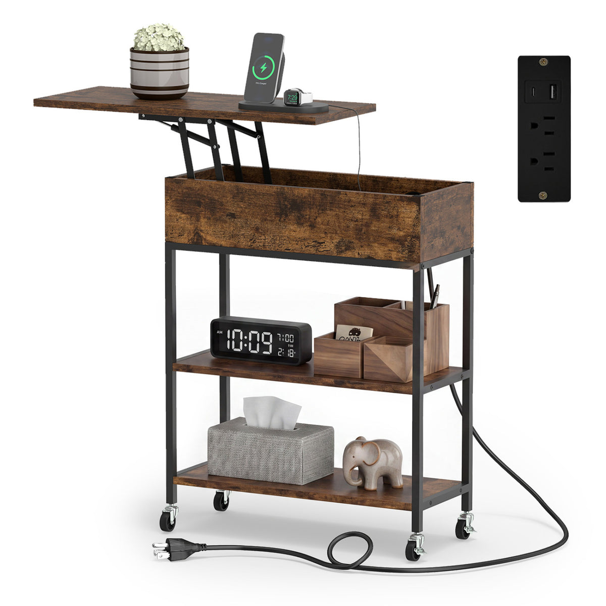 Lift Top End Table with Charging Station and Wheels - Rustic Brown