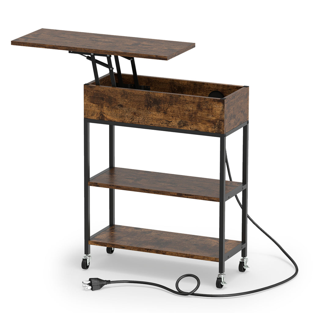 Lift Top End Table with Charging Station and Wheels - Rustic Brown