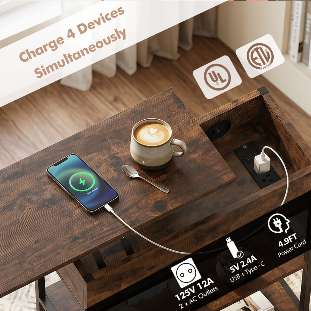 Lift Top End Table with Charging Station and Wheels - Rustic Brown