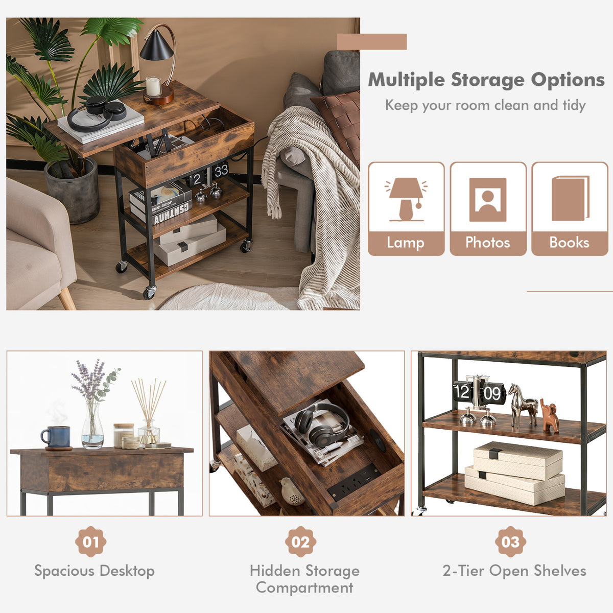 Lift Top End Table with Charging Station and Wheels - Rustic Brown