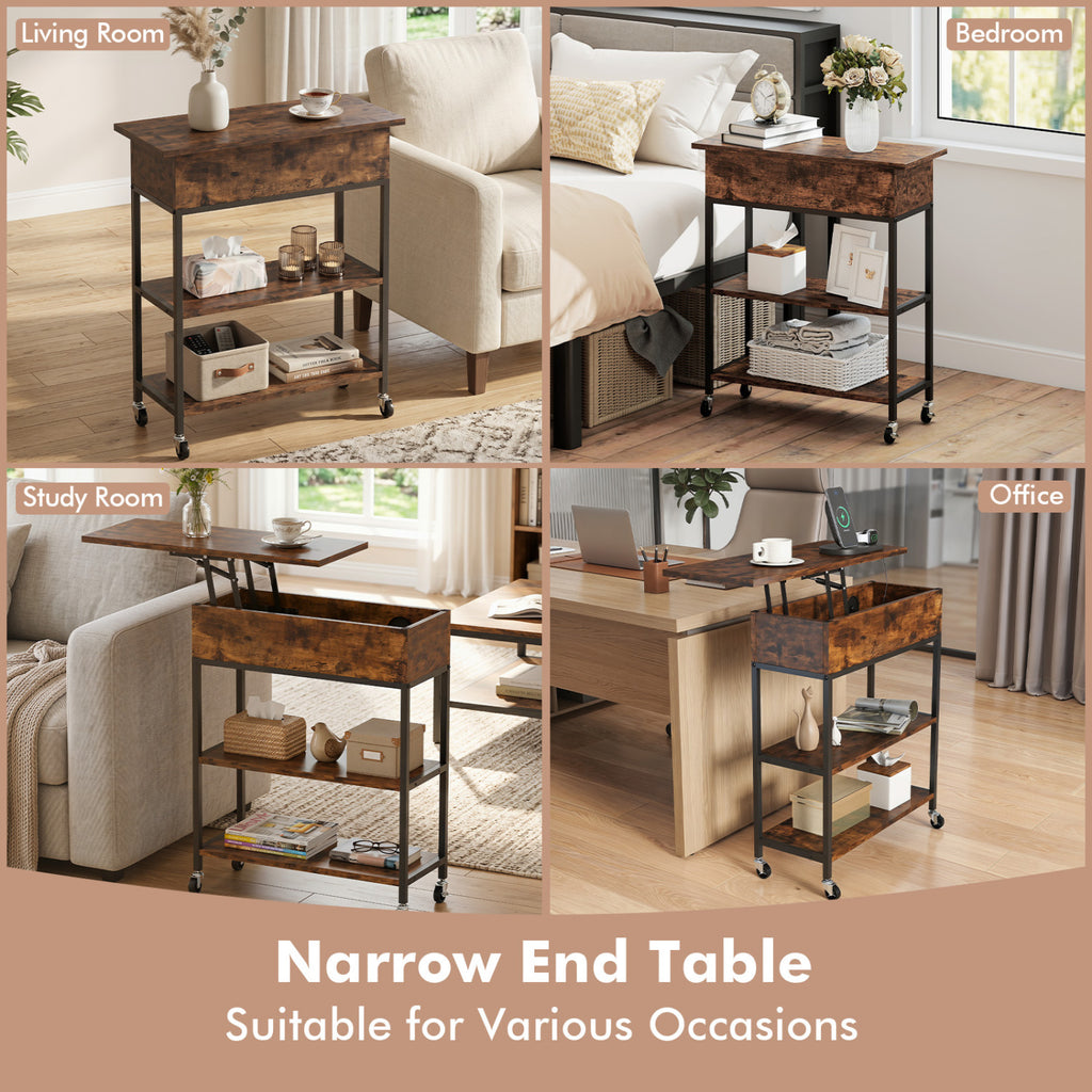 Lift Top End Table with Charging Station and Wheels - Rustic Brown
