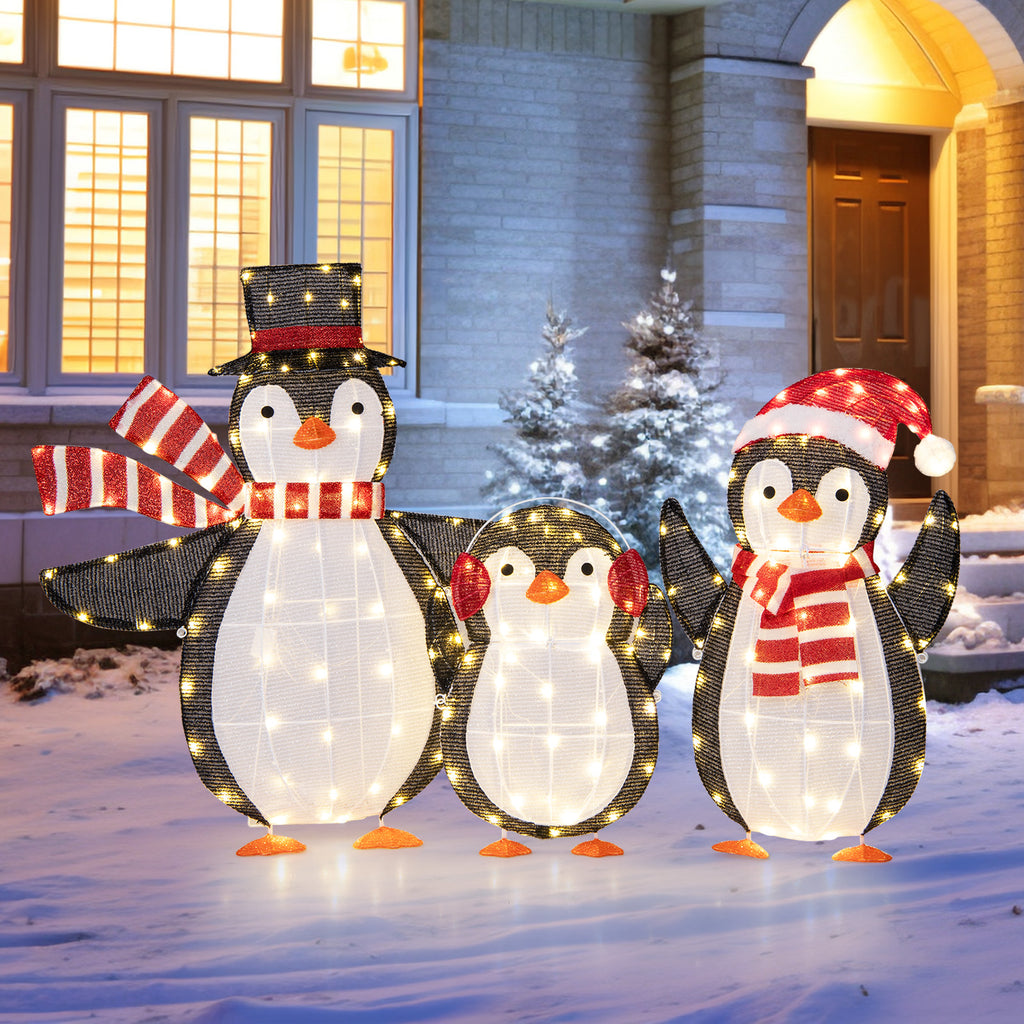 Christmas Penguin Decorations with 194 LED Lights - Metal Penguin Family Variation