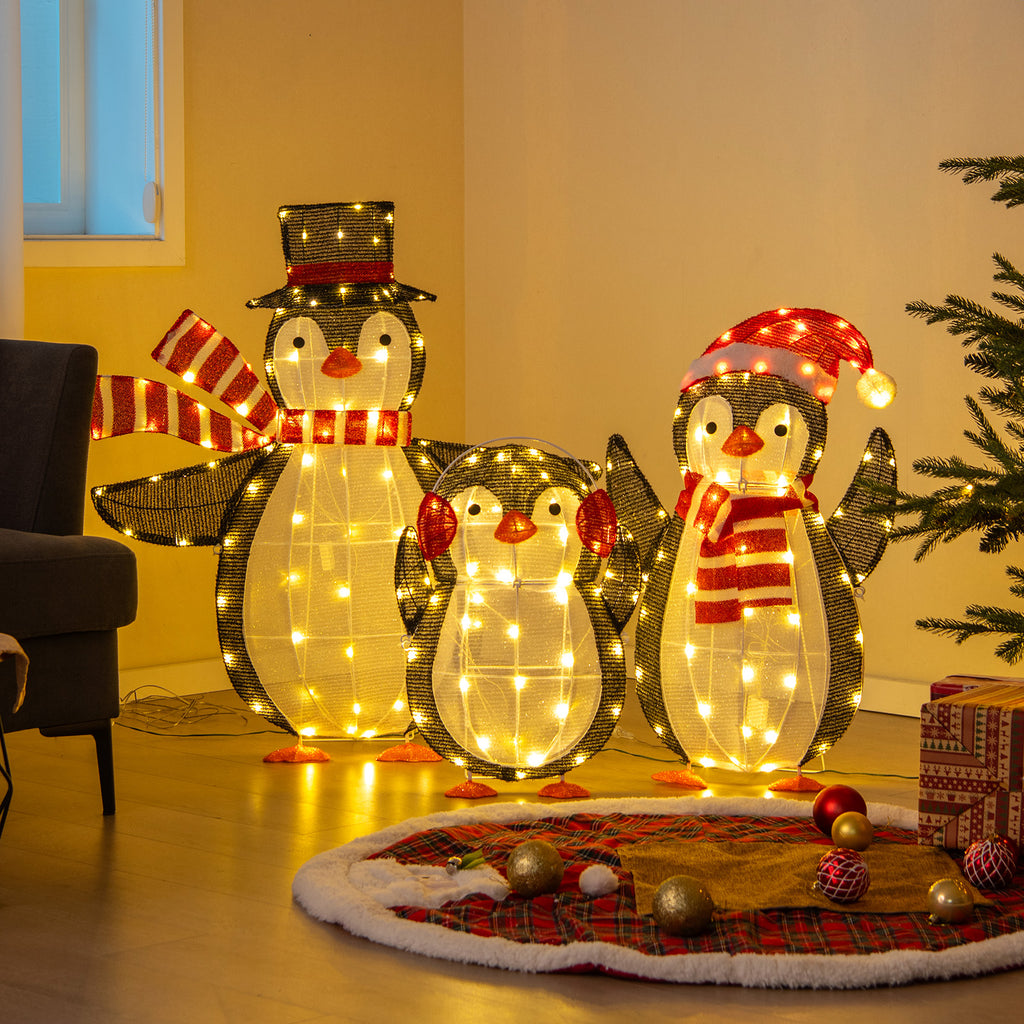 Christmas Penguin Decorations with 194 LED Lights - Metal Penguin Family Variation