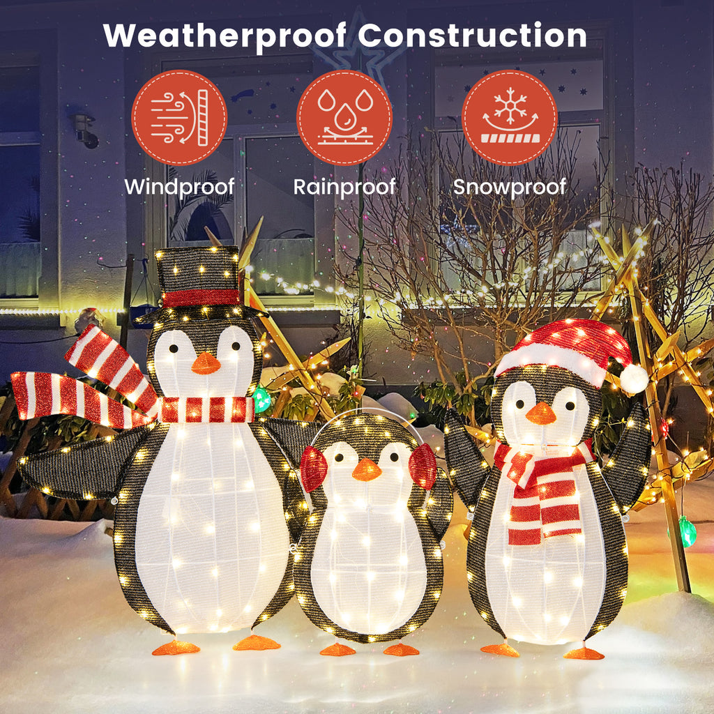 Christmas Penguin Decorations with 194 LED Lights - Metal Penguin Family Variation