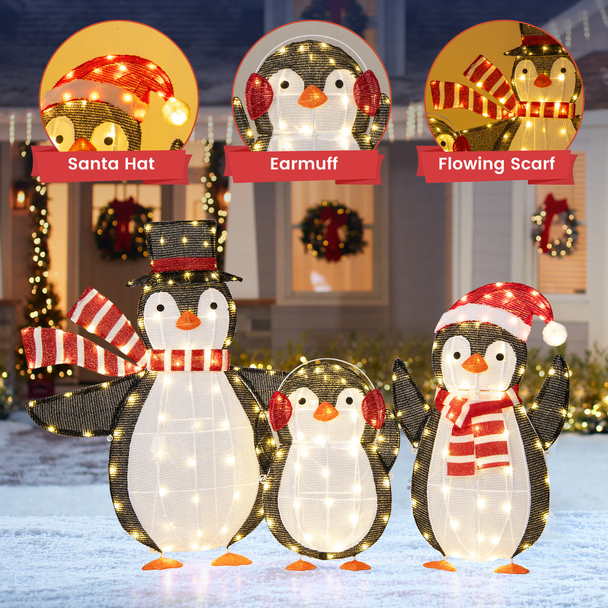 Christmas Penguin Decorations with 194 LED Lights - Metal Penguin Family Variation
