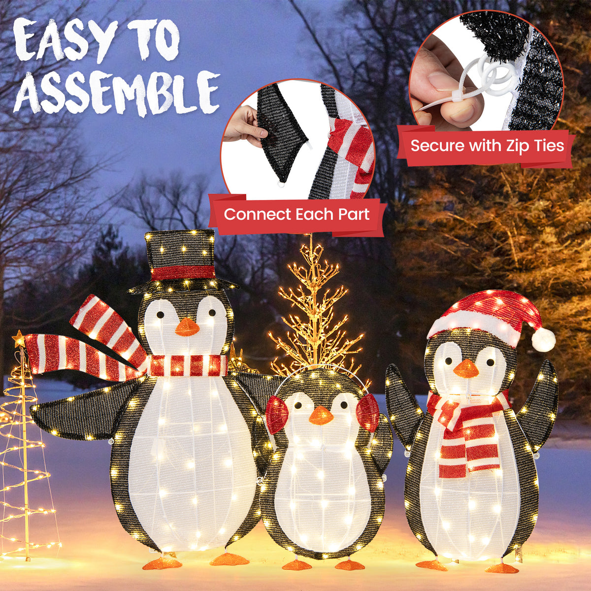 Christmas Penguin Decorations with 194 LED Lights - Metal Penguin Family Variation