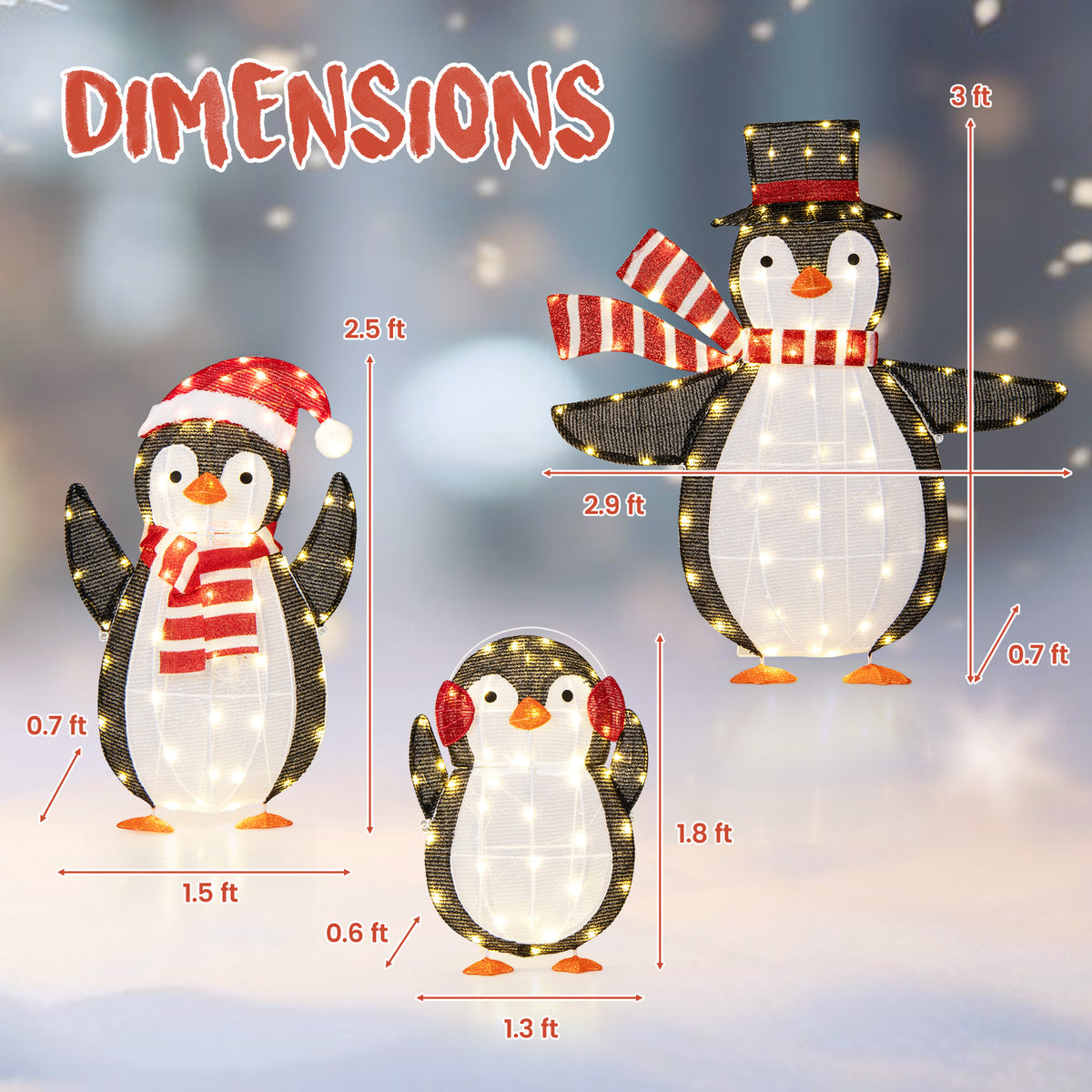 Christmas Penguin Decorations with 194 LED Lights - Metal Penguin Family Variation