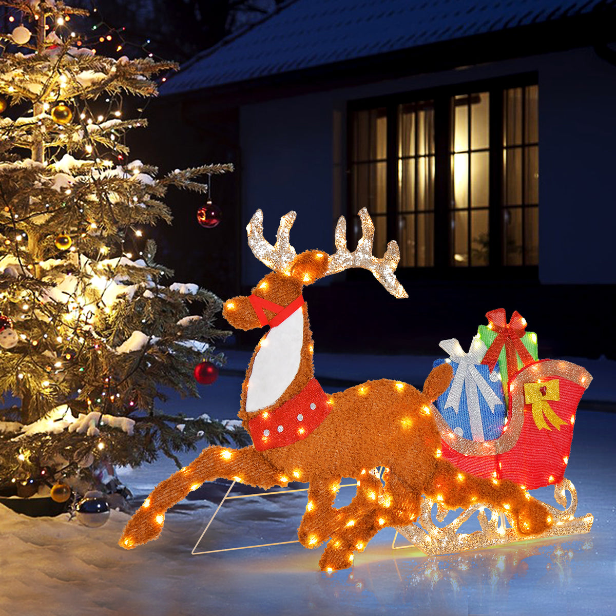 Lighted 2D Christmas Reindeer and Sleigh Lawn Decor - Indoor Outdoor Holiday Decoration with Lights - 1 Piece