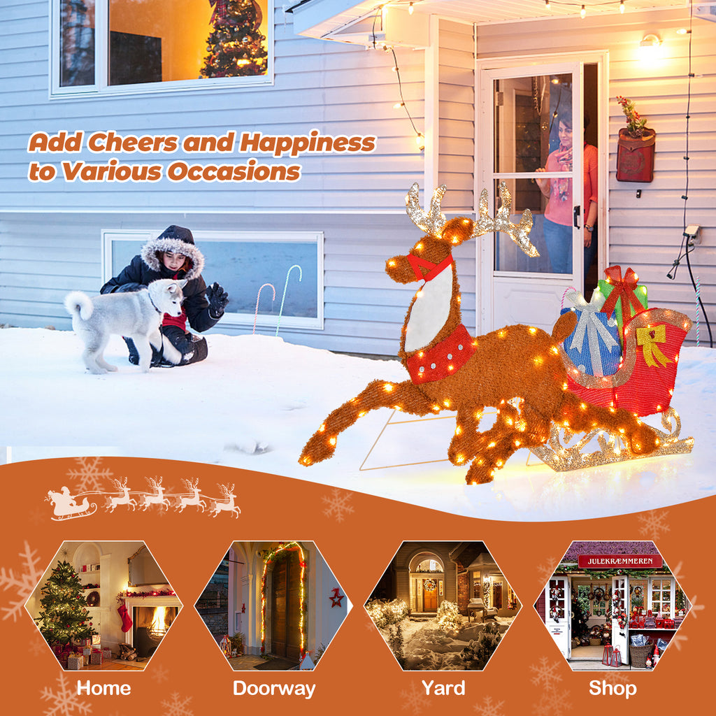 Lighted 2D Christmas Reindeer and Sleigh Lawn Decor - Indoor Outdoor Holiday Decoration with Lights - 1 Piece