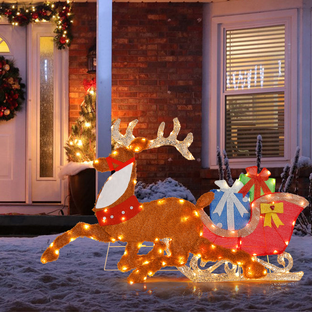 Lighted 2D Christmas Reindeer and Sleigh Lawn Decor - Indoor Outdoor Holiday Decoration with Lights - 1 Piece