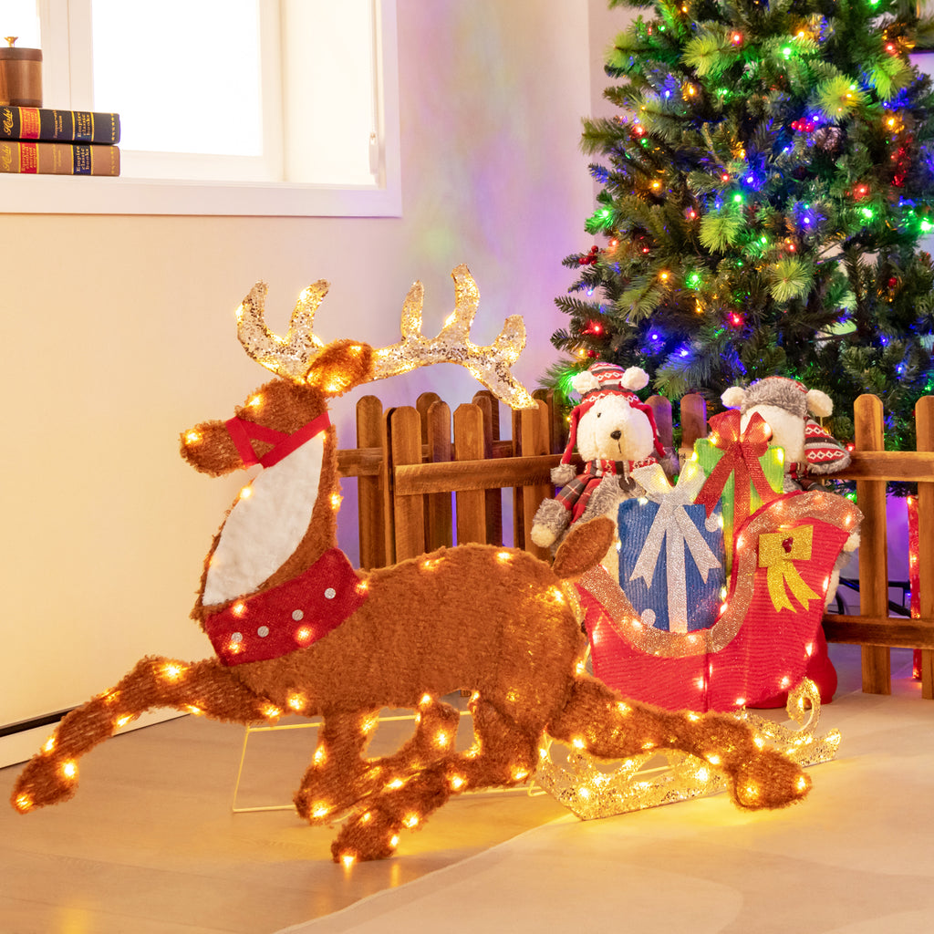 Lighted 2D Christmas Reindeer and Sleigh Lawn Decor - Indoor Outdoor Holiday Decoration with Lights - 1 Piece