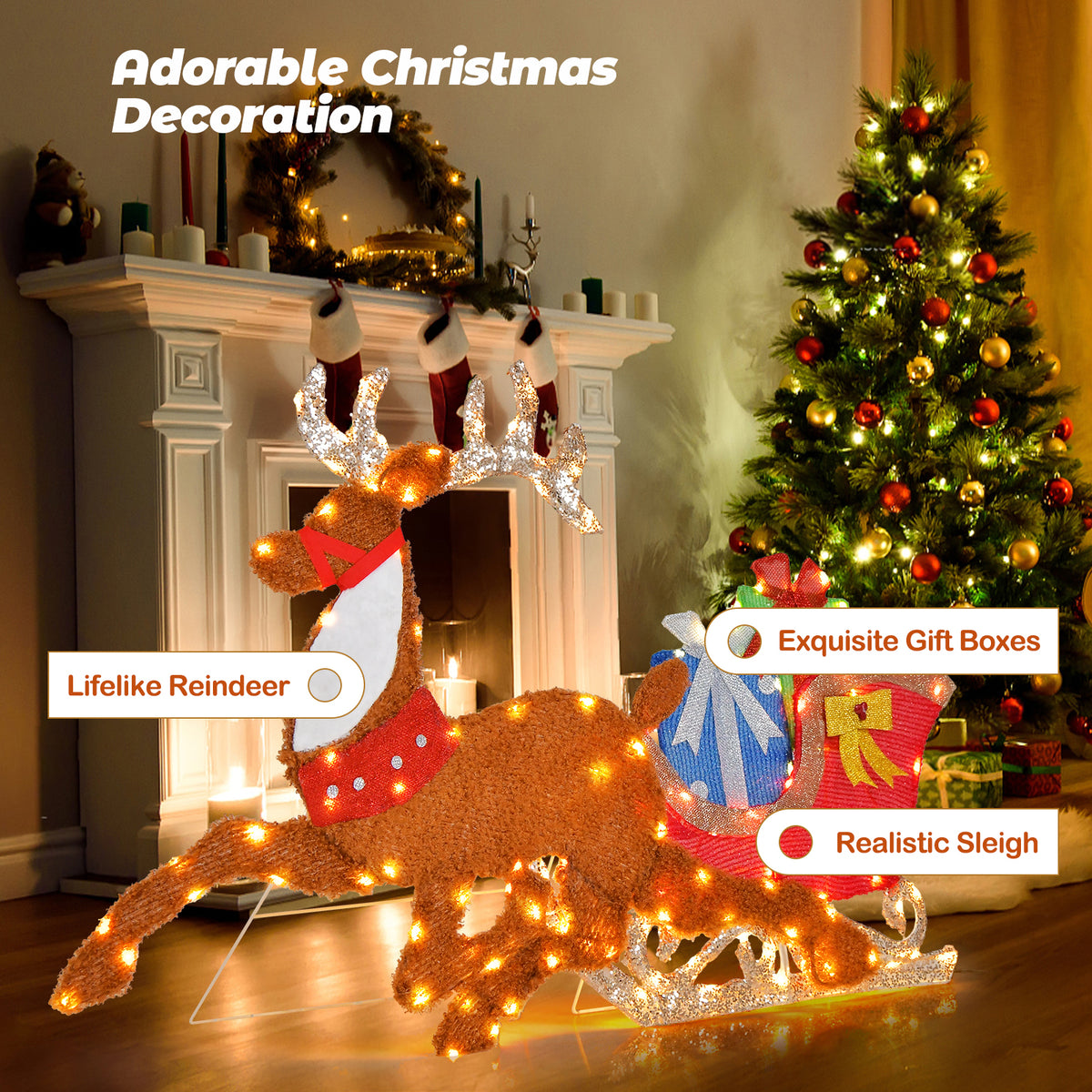 Lighted 2D Christmas Reindeer and Sleigh Lawn Decor - Indoor Outdoor Holiday Decoration with Lights - 1 Piece