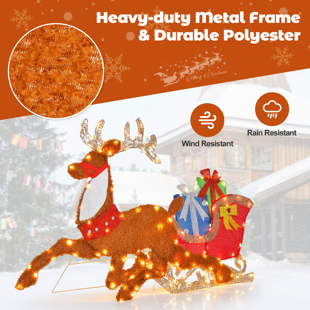 Lighted 2D Christmas Reindeer and Sleigh Lawn Decor - Indoor Outdoor Holiday Decoration with Lights - 1 Piece