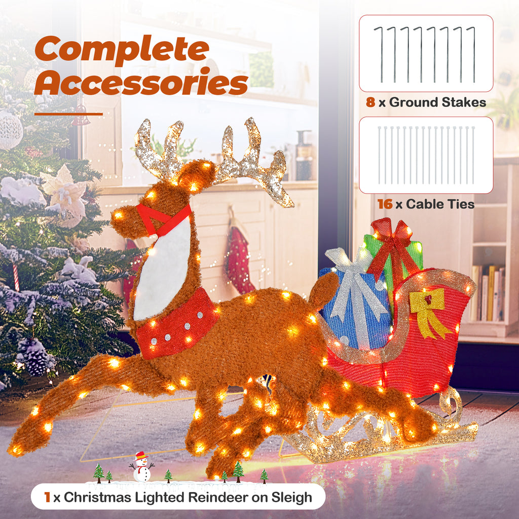 Lighted 2D Christmas Reindeer and Sleigh Lawn Decor - Indoor Outdoor Holiday Decoration with Lights - 1 Piece
