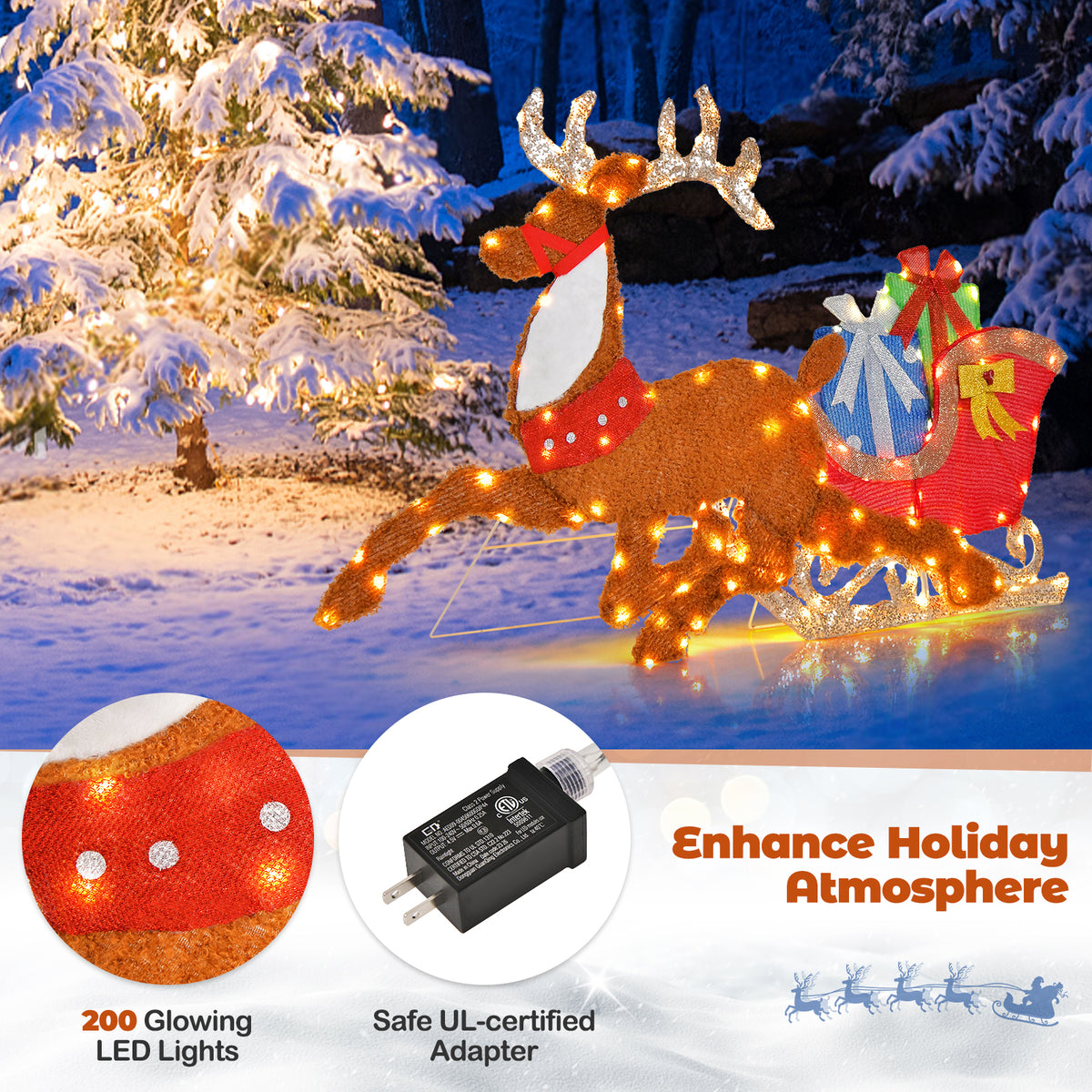 Lighted 2D Christmas Reindeer and Sleigh Lawn Decor - Indoor Outdoor Holiday Decoration with Lights - 1 Piece