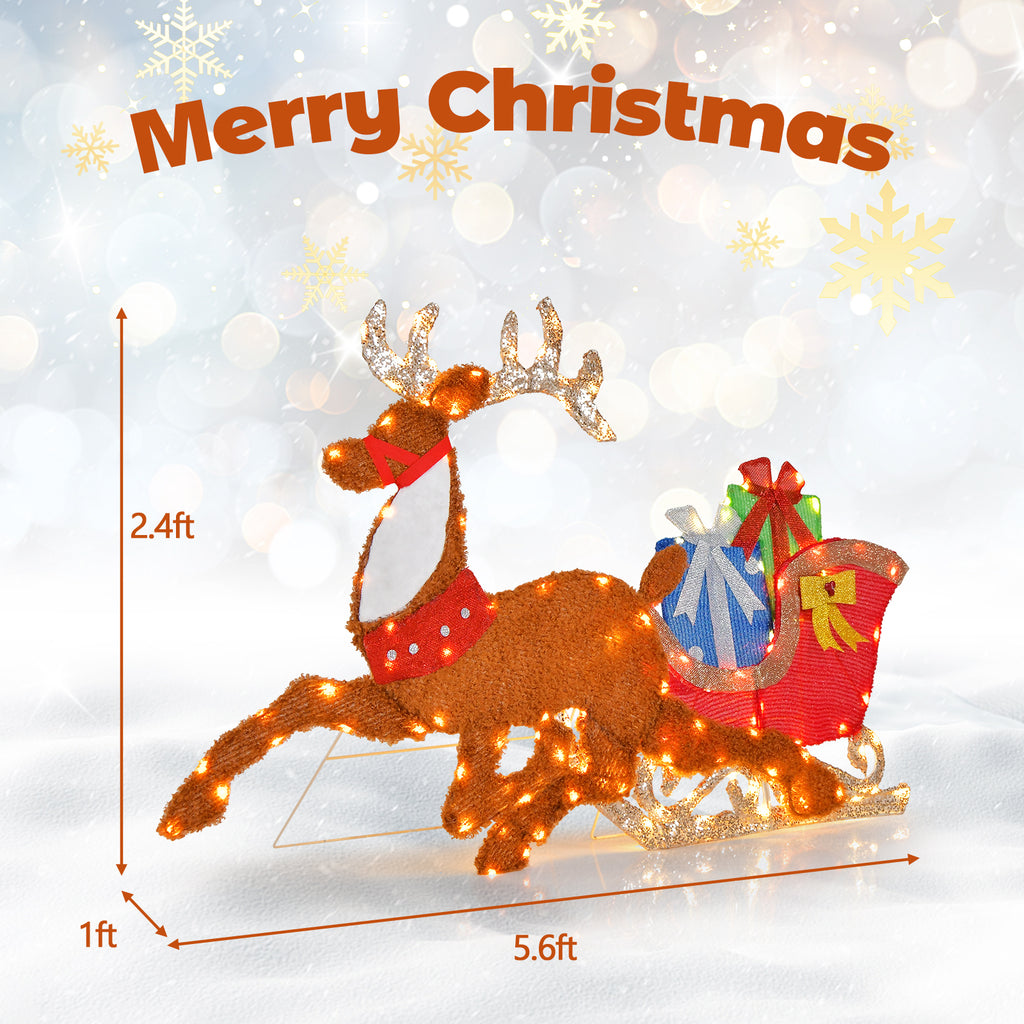 Lighted 2D Christmas Reindeer and Sleigh Lawn Decor - Indoor Outdoor Holiday Decoration with Lights - 1 Piece