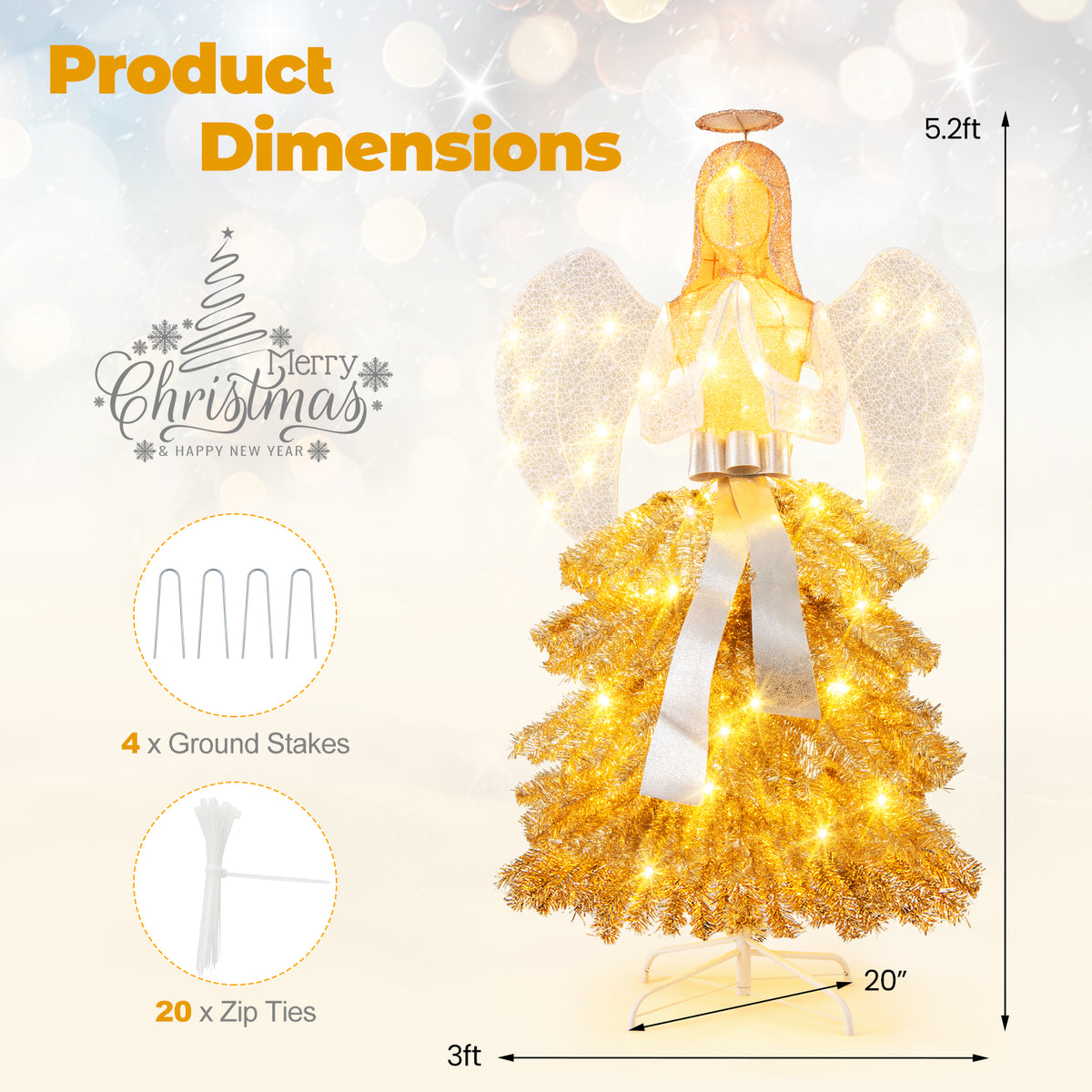 Lighted Angel Christmas Tree with Warm White LED Lights - 5.2 Feet - Outdoor Indoor Decor - Variation: Lighted Angel