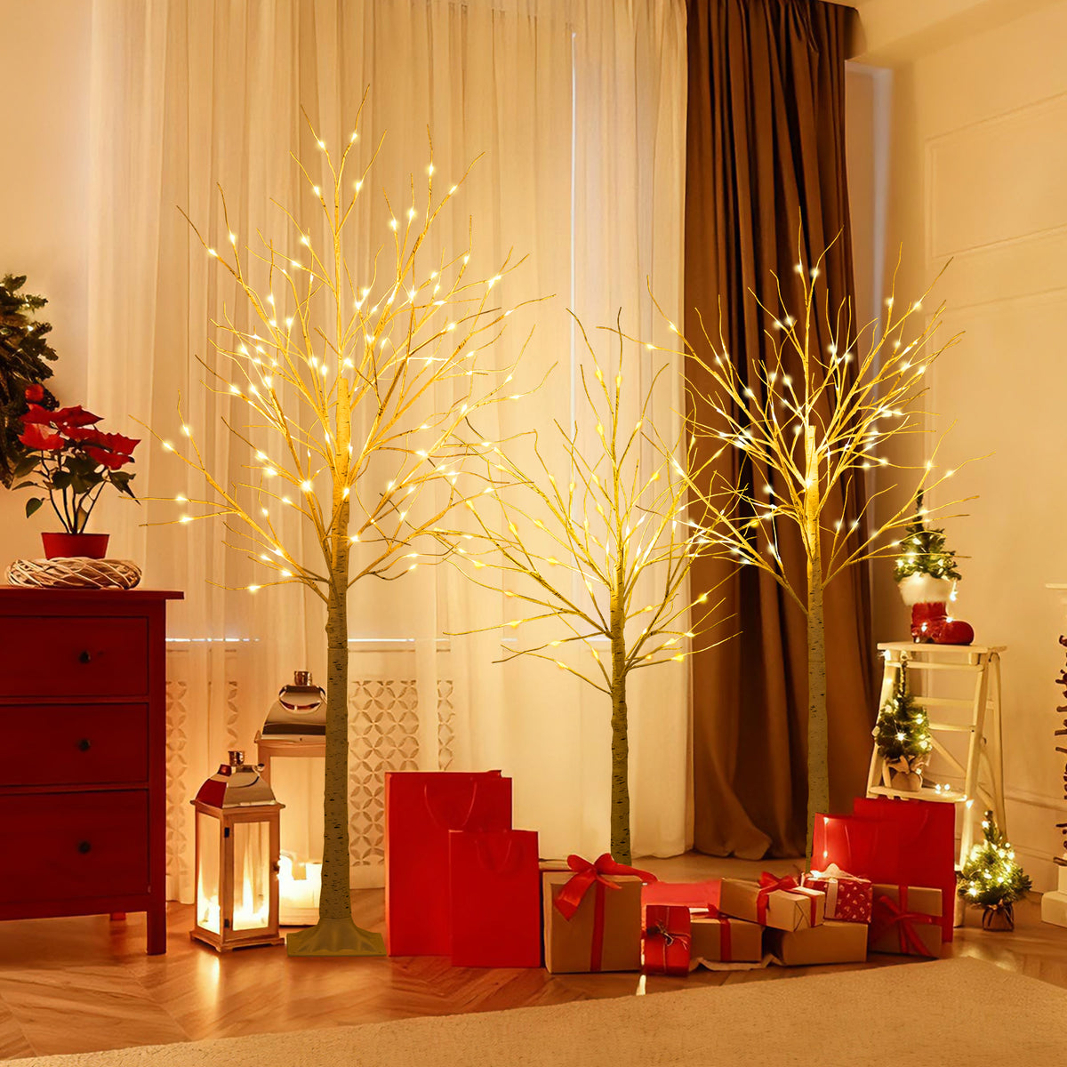 Pre-Lit Artificial Birch Tree Set of 3 - 4, 5 & 6 Ft Lighted Holiday Trees