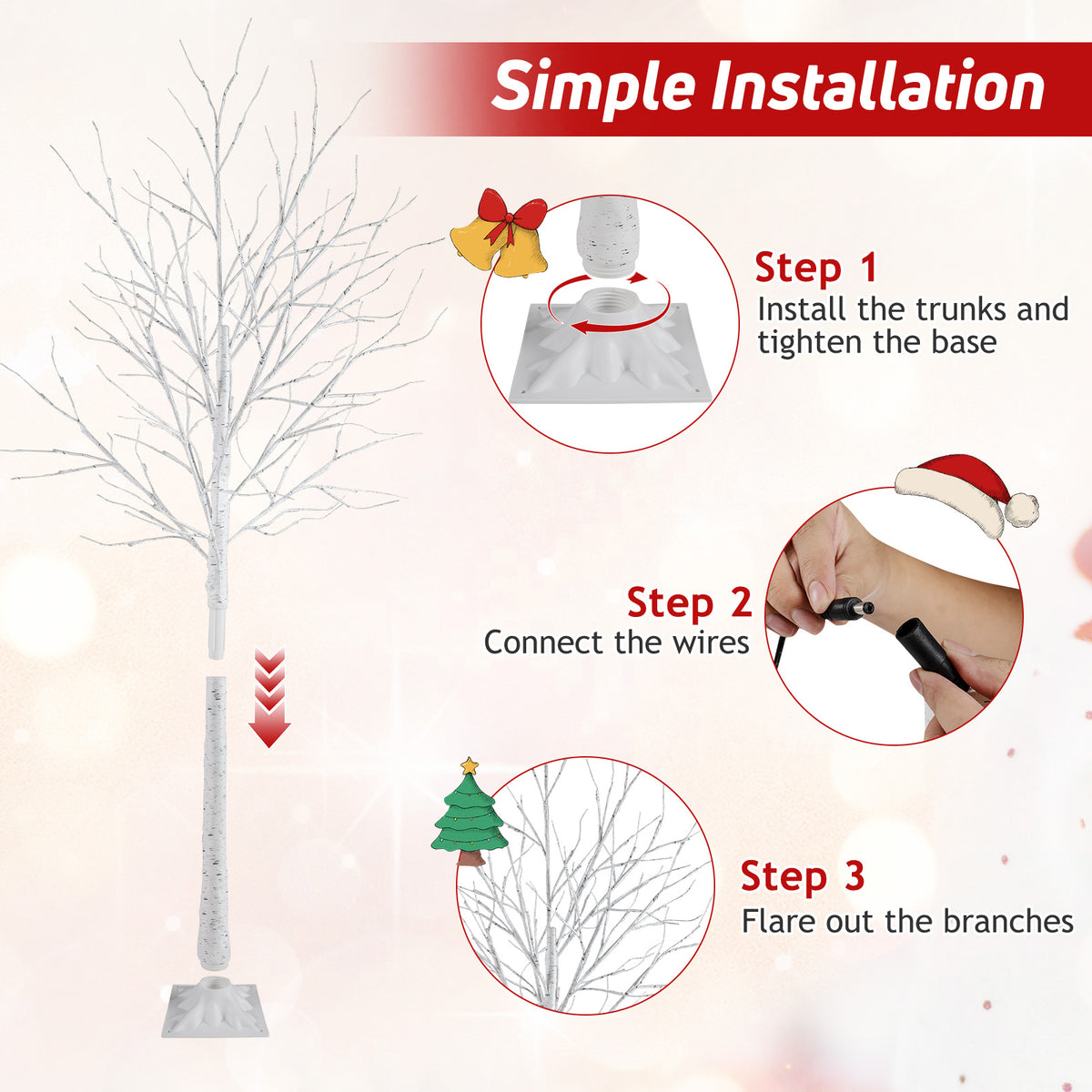 Pre-Lit Artificial Birch Tree Set of 3 - 4, 5 & 6 Ft Lighted Holiday Trees