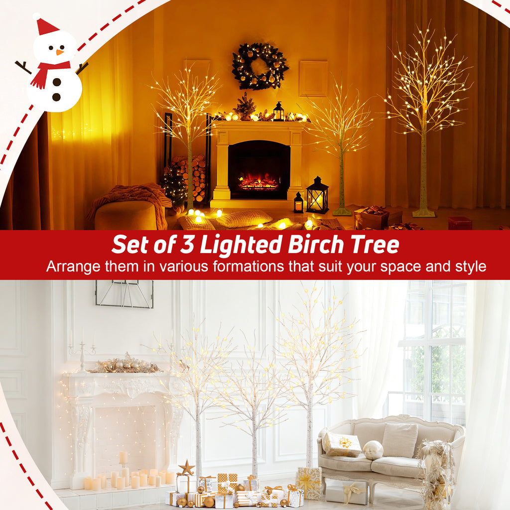 Pre-Lit Artificial Birch Tree Set of 3 - 4, 5 & 6 Ft Lighted Holiday Trees