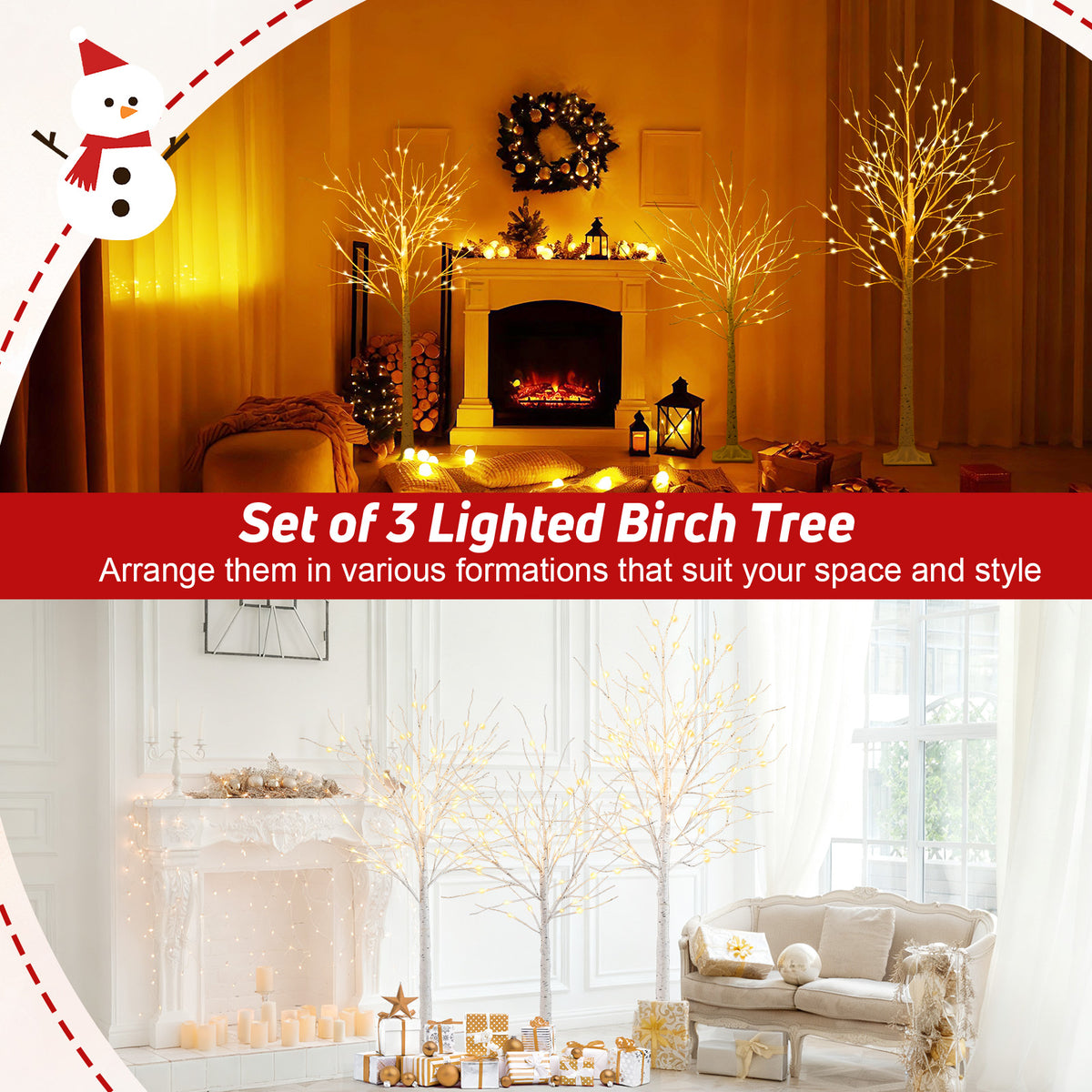 Pre-Lit Artificial Birch Tree Set of 3 - 4, 5 & 6 Ft Lighted Holiday Trees
