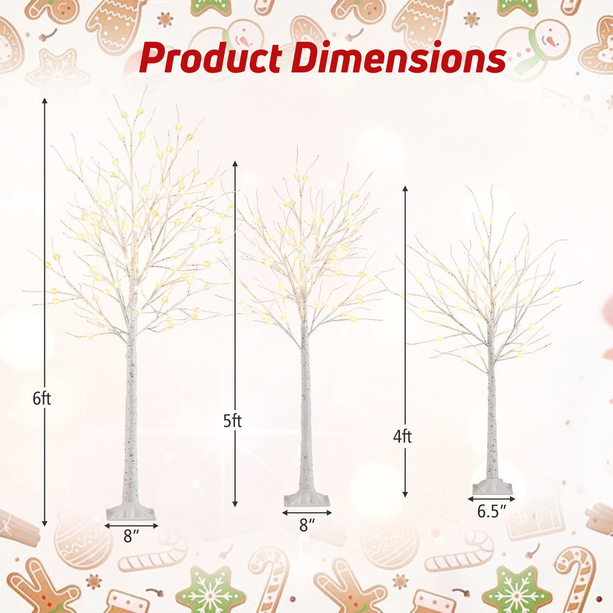 Pre-Lit Artificial Birch Tree Set of 3 - 4, 5 & 6 Ft Lighted Holiday Trees