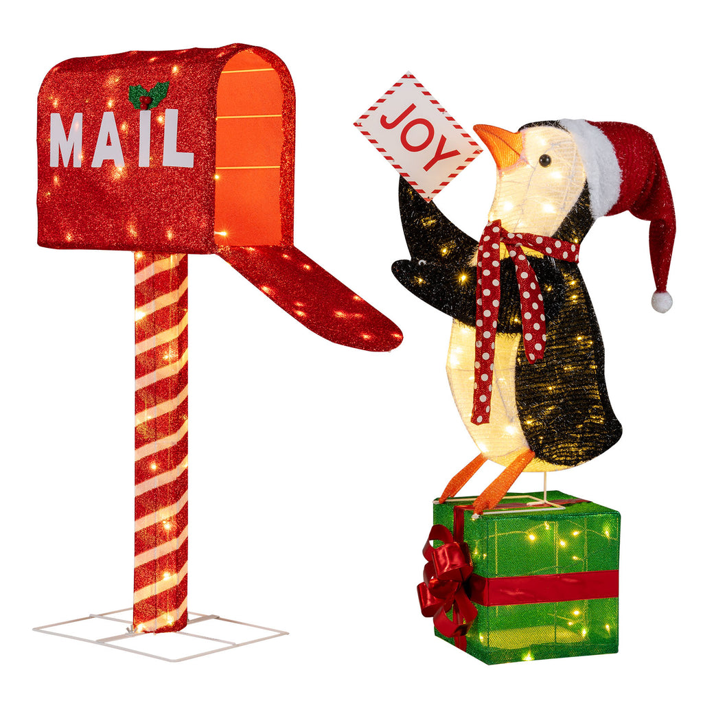 Lighted Christmas Mailbox and Penguin Decoration - Holiday Yard Display with 160 LED Lights - Penguin with Mailbox