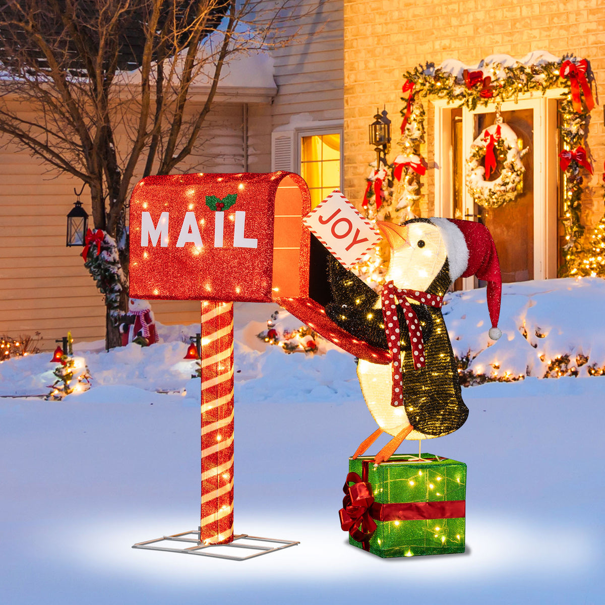 Lighted Christmas Mailbox and Penguin Decoration - Holiday Yard Display with 160 LED Lights - Penguin with Mailbox