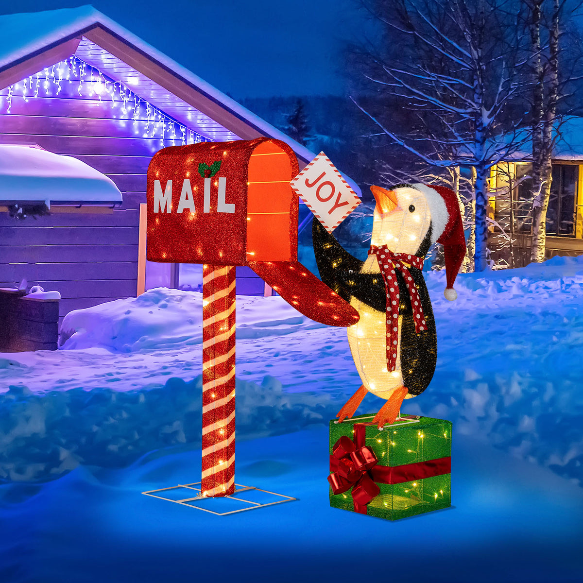 Lighted Christmas Mailbox and Penguin Decoration - Holiday Yard Display with 160 LED Lights - Penguin with Mailbox