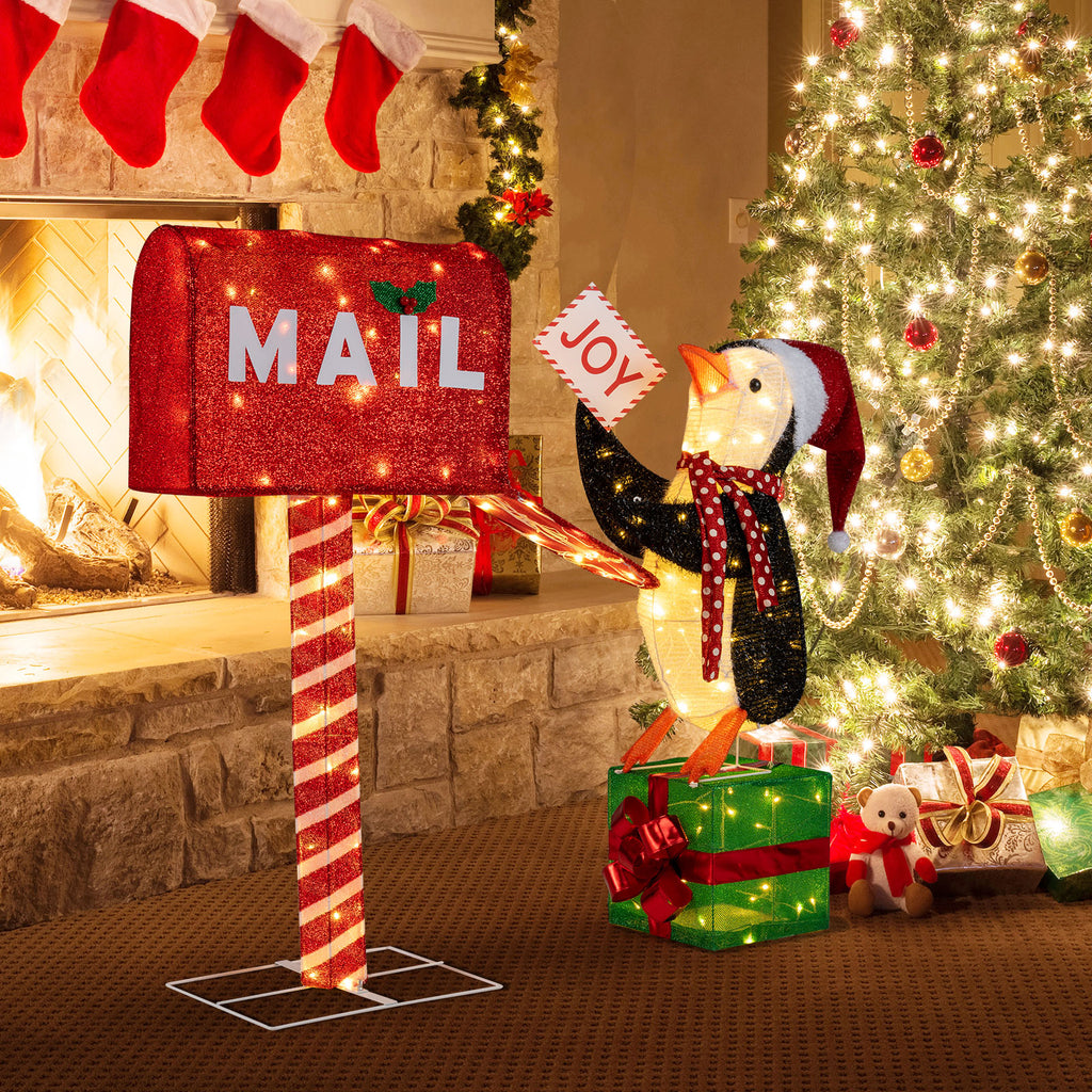Lighted Christmas Mailbox and Penguin Decoration - Holiday Yard Display with 160 LED Lights - Penguin with Mailbox