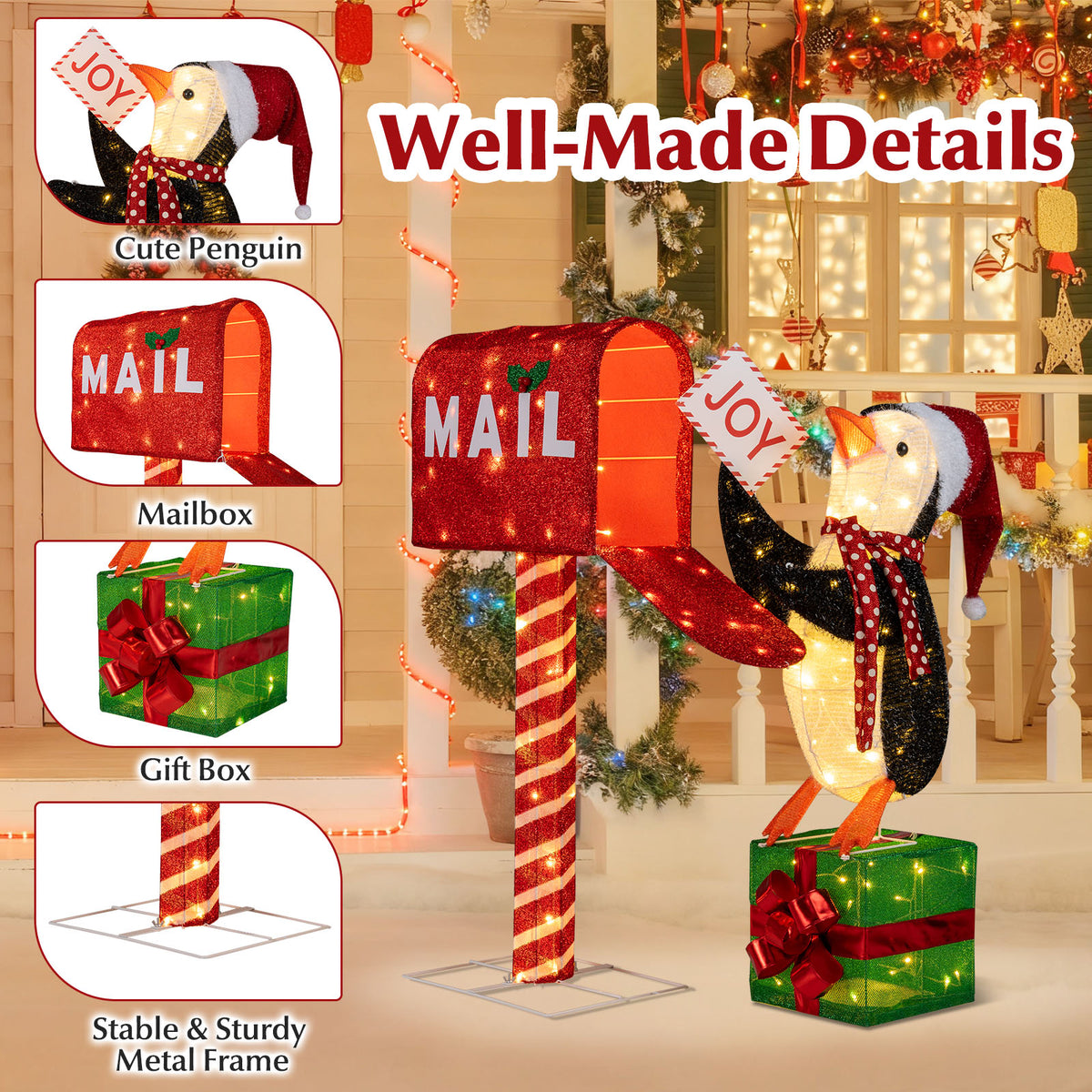 Lighted Christmas Mailbox and Penguin Decoration - Holiday Yard Display with 160 LED Lights - Penguin with Mailbox