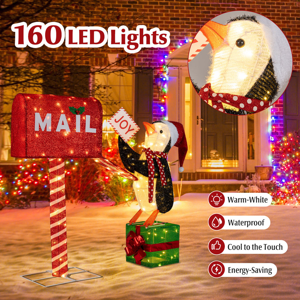Lighted Christmas Mailbox and Penguin Decoration - Holiday Yard Display with 160 LED Lights - Penguin with Mailbox