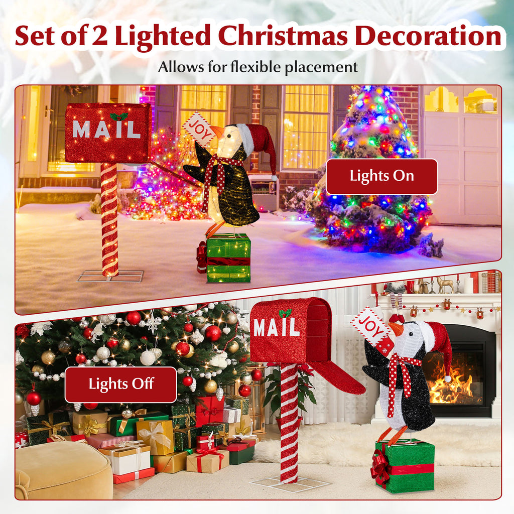 Lighted Christmas Mailbox and Penguin Decoration - Holiday Yard Display with 160 LED Lights - Penguin with Mailbox