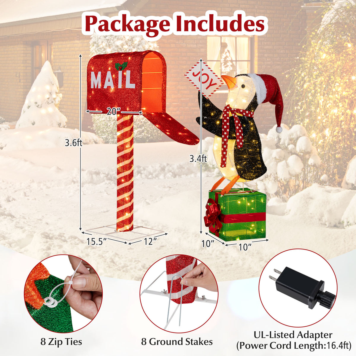 Lighted Christmas Mailbox and Penguin Decoration - Holiday Yard Display with 160 LED Lights - Penguin with Mailbox