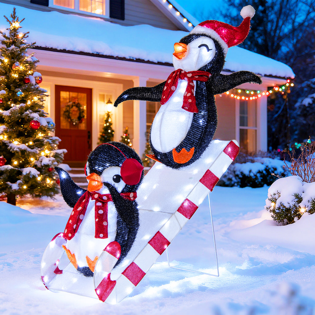 Fabric-Covered Lighted Christmas Penguin Slide with 170 LED Lights - Pre-Lit Holiday Decoration
