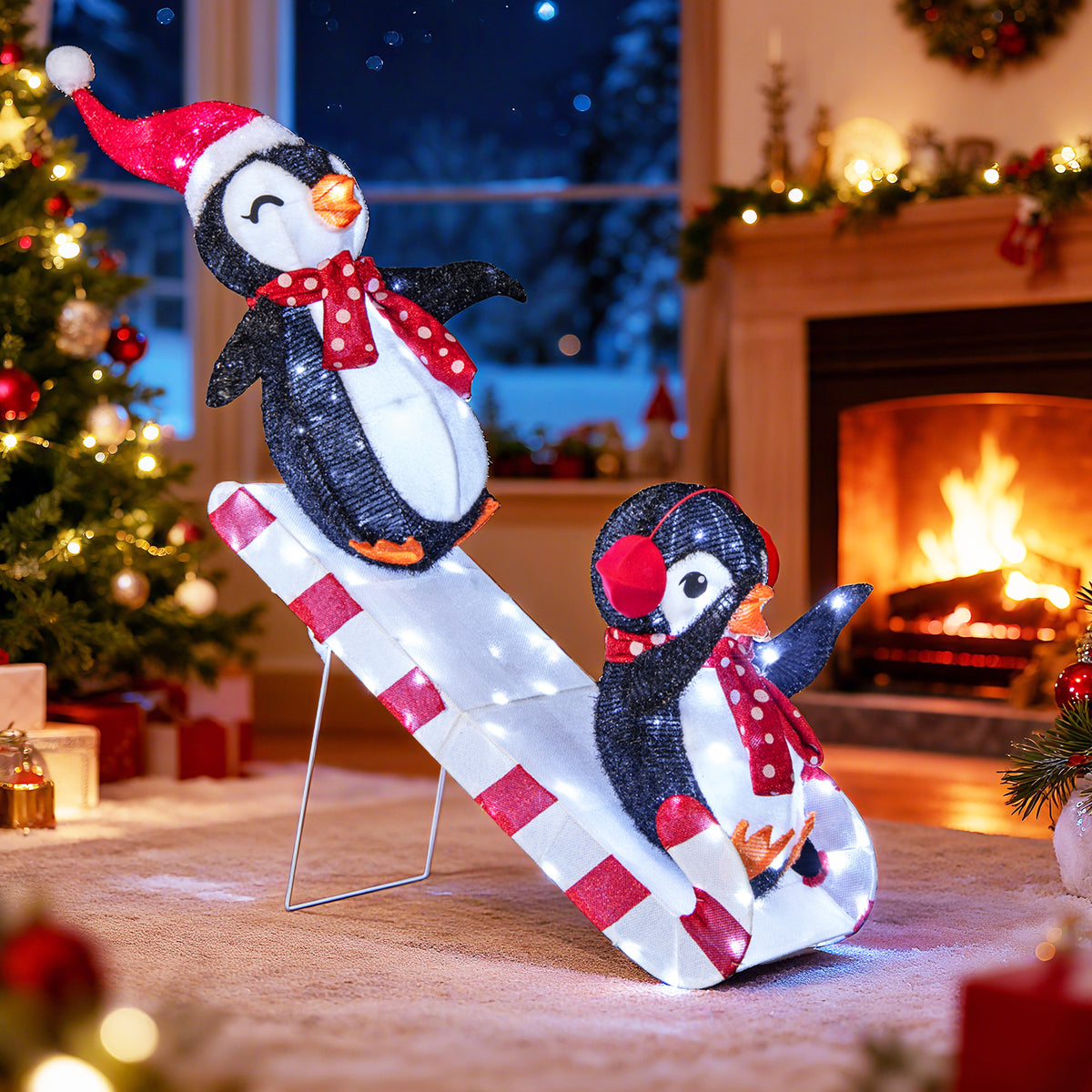 Fabric-Covered Lighted Christmas Penguin Slide with 170 LED Lights - Pre-Lit Holiday Decoration