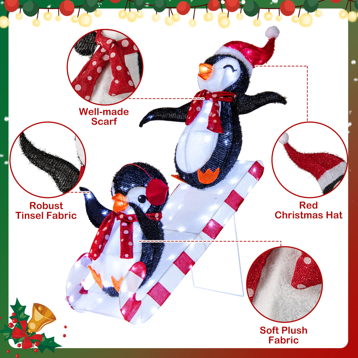 Fabric-Covered Lighted Christmas Penguin Slide with 170 LED Lights - Pre-Lit Holiday Decoration