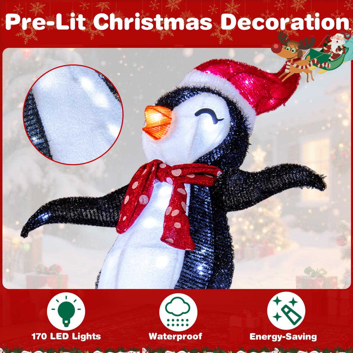 Fabric-Covered Lighted Christmas Penguin Slide with 170 LED Lights - Pre-Lit Holiday Decoration