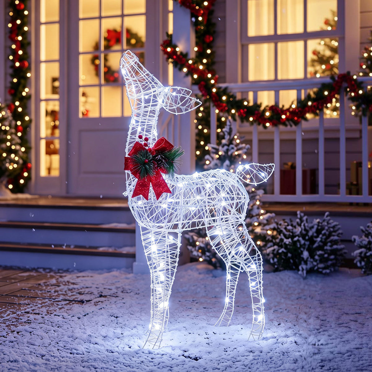 Lighted Christmas Deer Decorations with Cold White LED Lights - White Variation