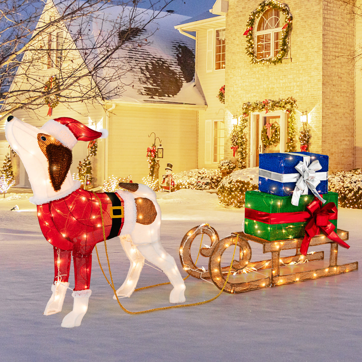 Outdoor Pre-lit Xmas Dog and Sleigh Decoration with 170 Warm Lights