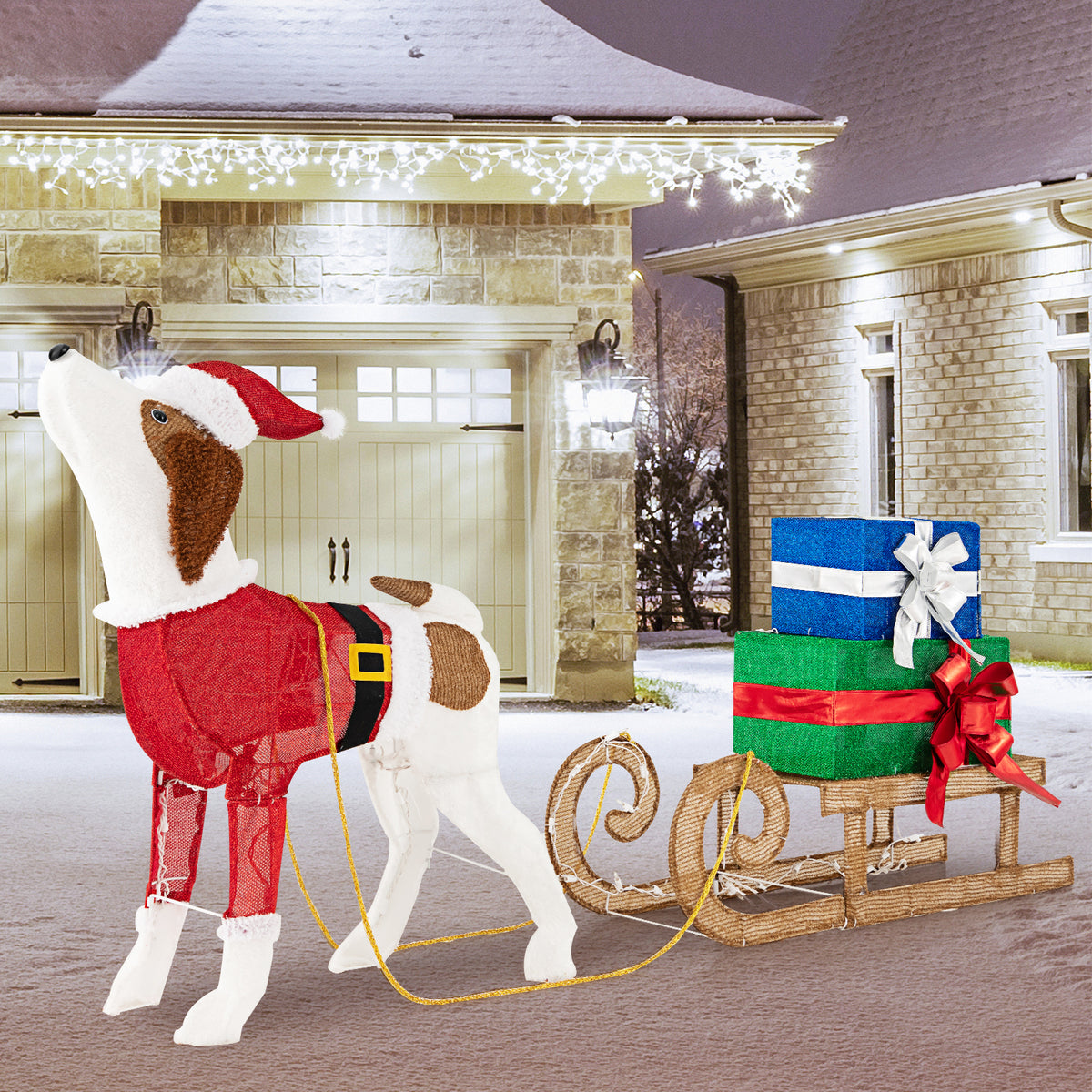 Outdoor Pre-lit Xmas Dog and Sleigh Decoration with 170 Warm Lights