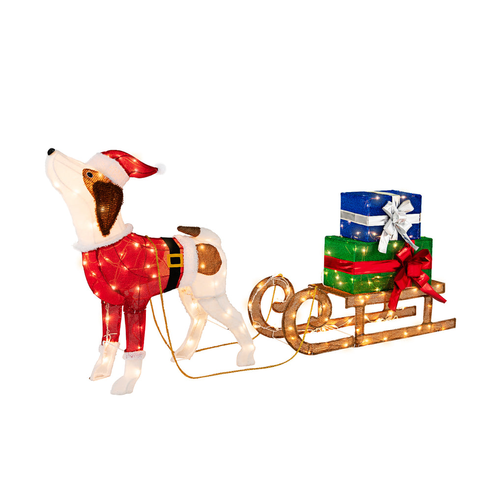 Outdoor Pre-lit Xmas Dog and Sleigh Decoration with 170 Warm Lights