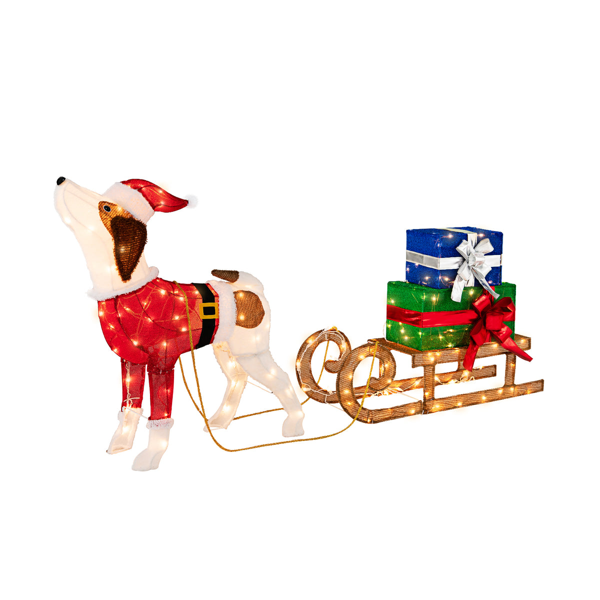 Outdoor Pre-lit Xmas Dog and Sleigh Decoration with 170 Warm Lights