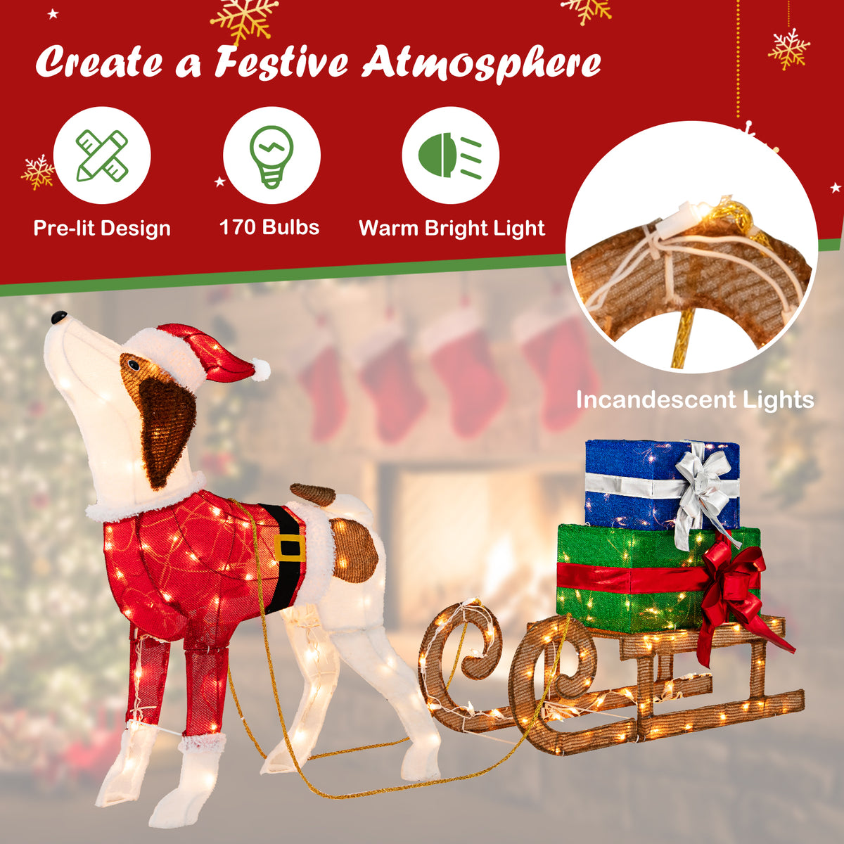 Outdoor Pre-lit Xmas Dog and Sleigh Decoration with 170 Warm Lights