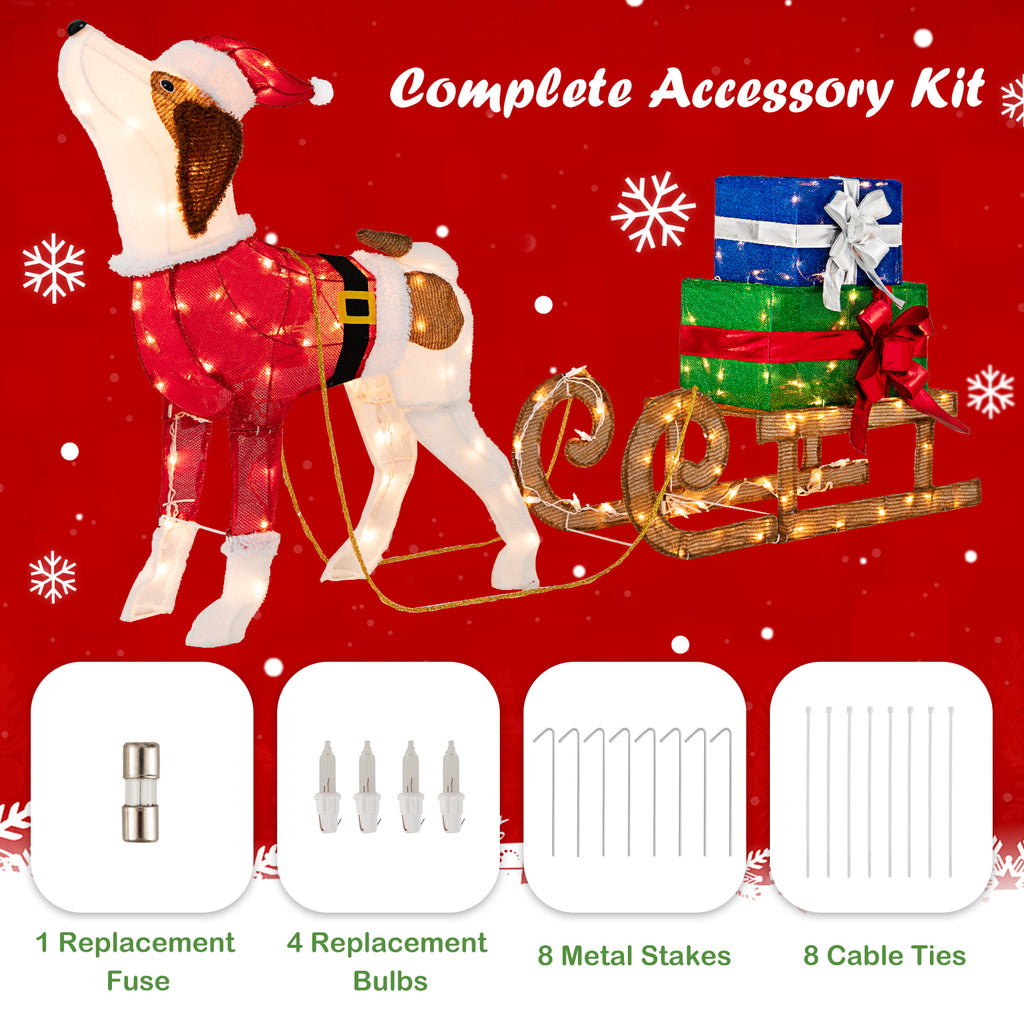Outdoor Pre-lit Xmas Dog and Sleigh Decoration with 170 Warm Lights