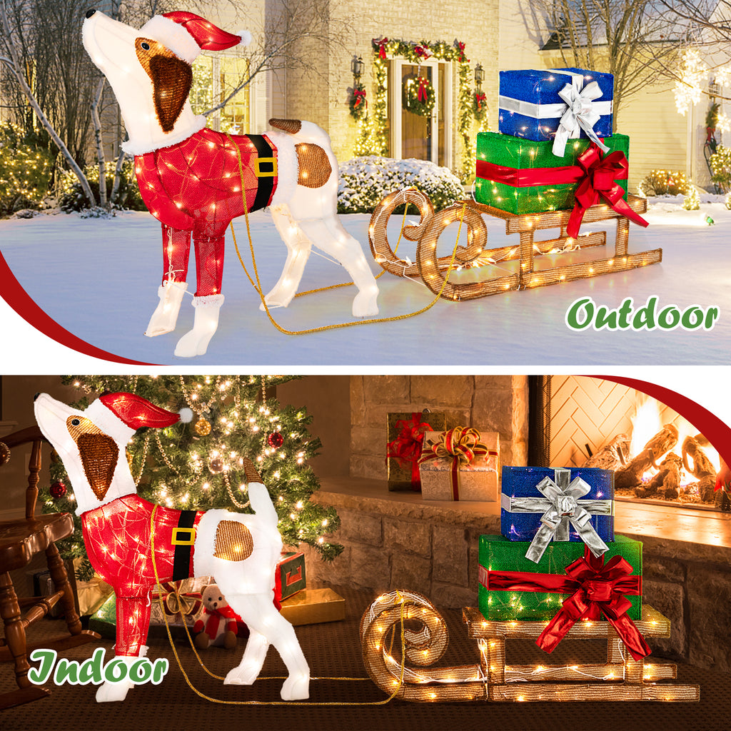 Outdoor Pre-lit Xmas Dog and Sleigh Decoration with 170 Warm Lights