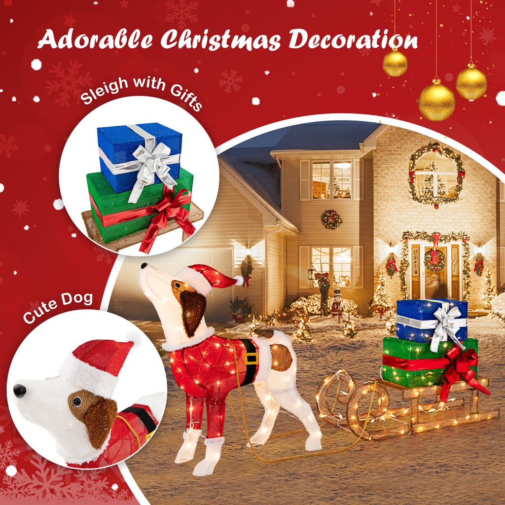 Outdoor Pre-lit Xmas Dog and Sleigh Decoration with 170 Warm Lights