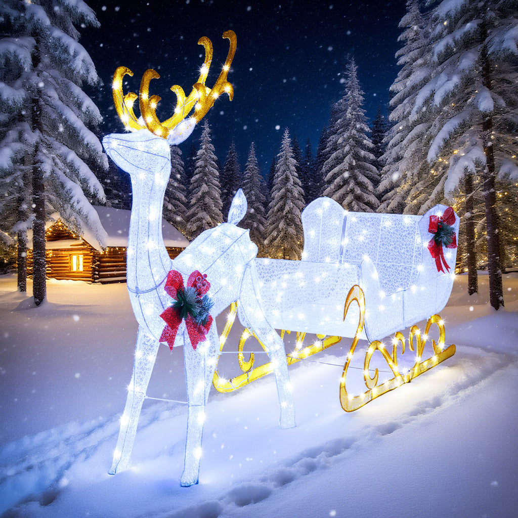 2-Piece Christmas Lighted Reindeer & Santa's Sleigh Decoration Set - White, 6 Feet