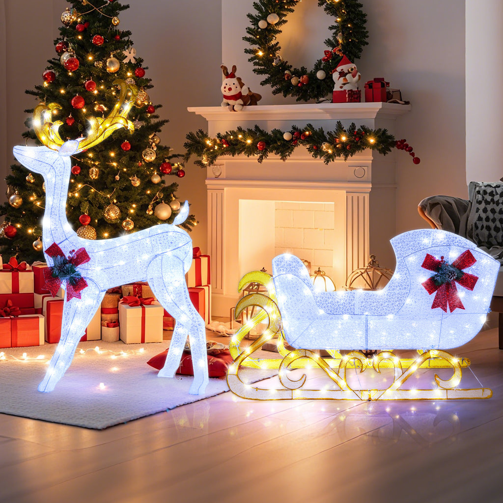 2-Piece Christmas Lighted Reindeer & Santa's Sleigh Decoration Set - White, 6 Feet